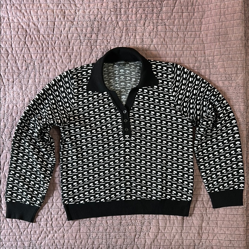 Adrianna Papell Women’s L Tipped Y-Polo Contrast Long Sleeve Sweater